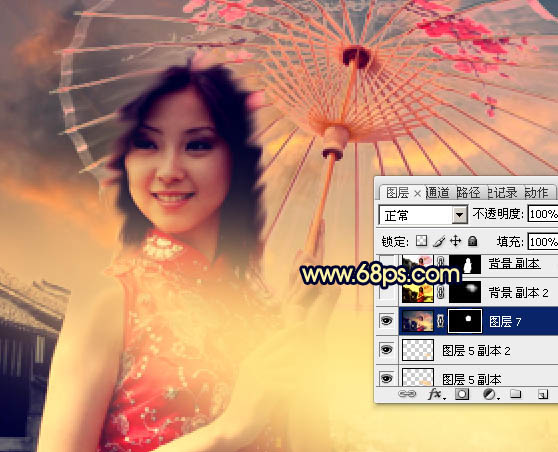 Photoshop调出古典霞光效果古镇美女图片