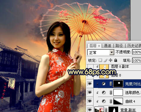 Photoshop调出古典霞光效果古镇美女图片