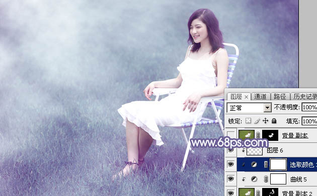 Photoshop调出唯美的淡蓝色草地美女图片