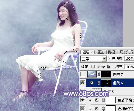 Photoshop调出唯美的淡蓝色草地美女图片