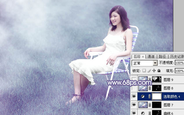 Photoshop调出唯美的淡蓝色草地美女图片