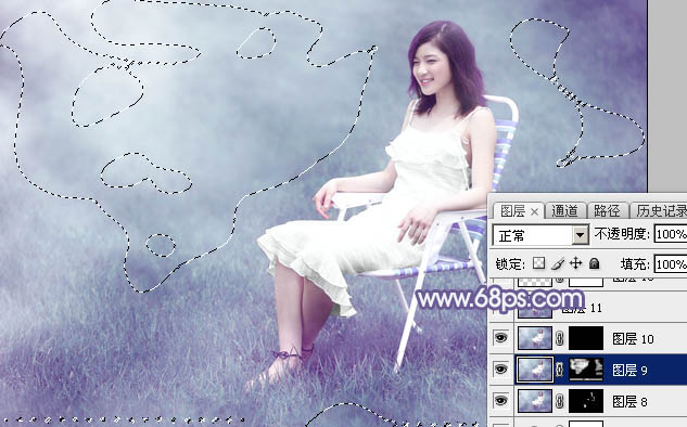 Photoshop调出唯美的淡蓝色草地美女图片