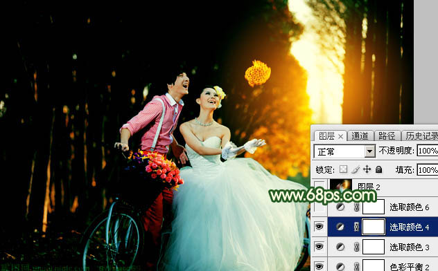 Photoshop调出高对比的橙绿色树林婚片
