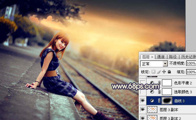 Photoshop调出唯美的霞光色铁轨美女
