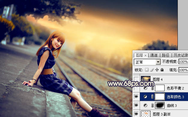 Photoshop调出唯美的霞光色铁轨美女