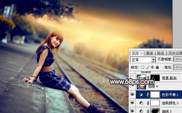 Photoshop调出唯美的霞光色铁轨美女
