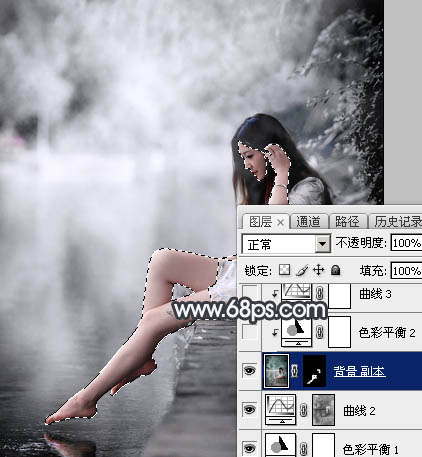 Photoshop使用图层样式打造唯美的古典淡蓝色树林人物图片