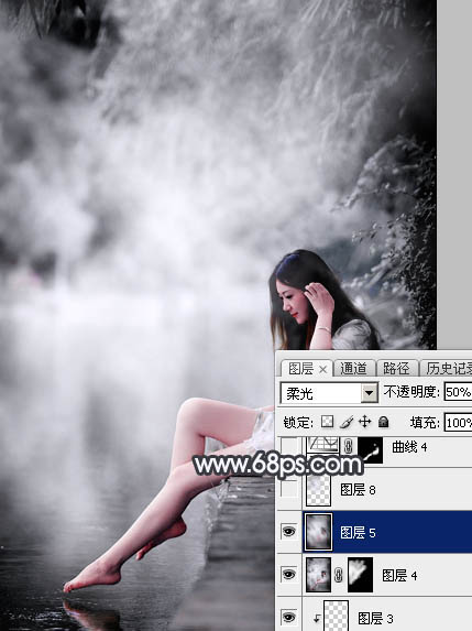 Photoshop使用图层样式打造唯美的古典淡蓝色树林人物图片