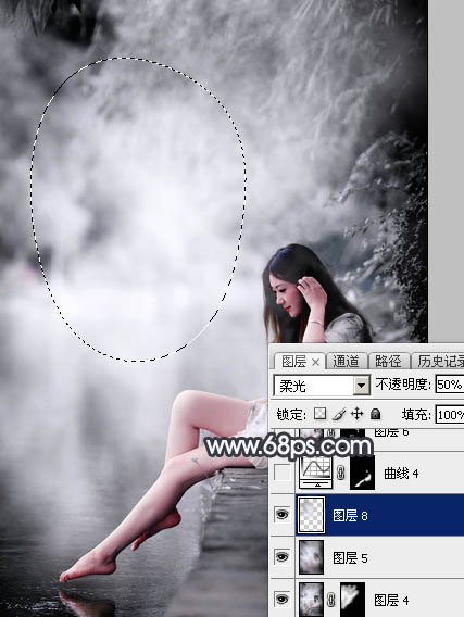 Photoshop使用图层样式打造唯美的古典淡蓝色树林人物图片