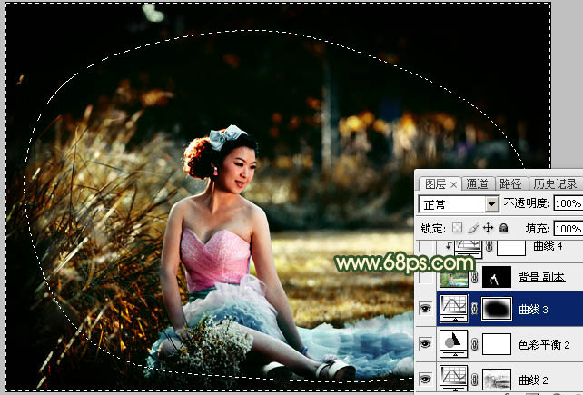 Photoshop调出暗调秋季高对比暖色草地上的美女图片