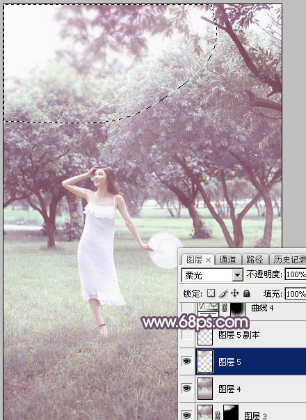 Photoshop将树林人物图片打造出唯美的淡调紫红色特效