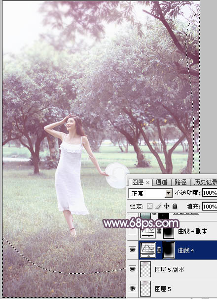 Photoshop将树林人物图片打造出唯美的淡调紫红色特效