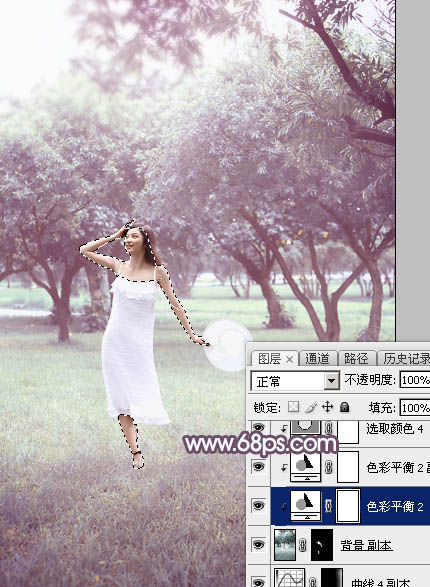 Photoshop将树林人物图片打造出唯美的淡调紫红色特效