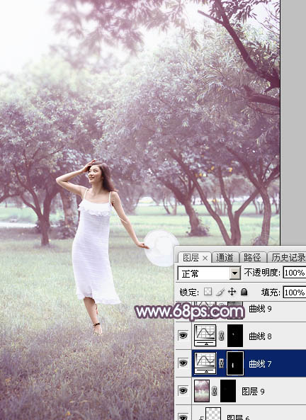 Photoshop将树林人物图片打造出唯美的淡调紫红色特效