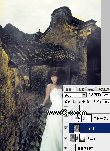 Photoshop调出高对比霞光色残旧古建筑人物图片