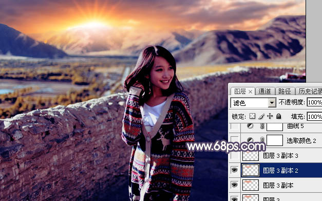 Photoshop将高原山区人物图片调至出灿烂的霞光色