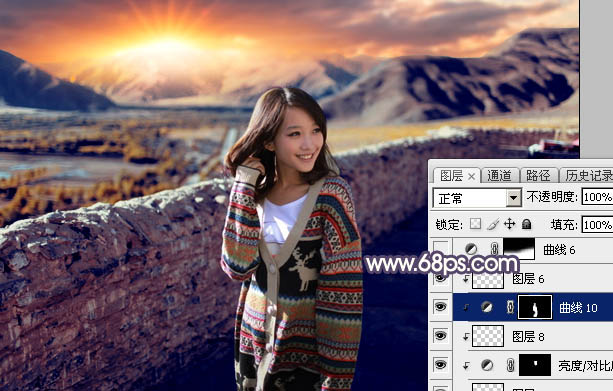 Photoshop将高原山区人物图片调至出灿烂的霞光色