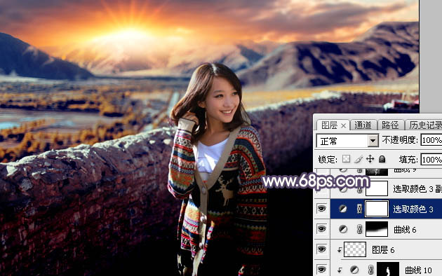 Photoshop将高原山区人物图片调至出灿烂的霞光色