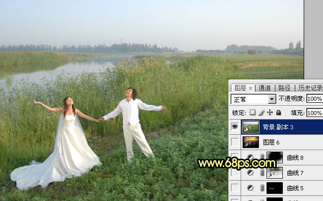 Photoshop将芦苇边的情侣加上唯美的晨曦