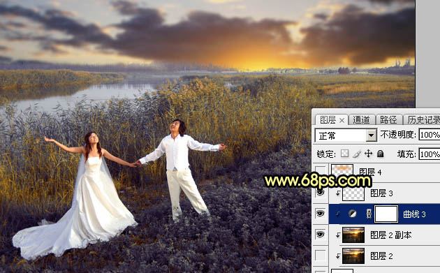 Photoshop将芦苇边的情侣加上唯美的晨曦