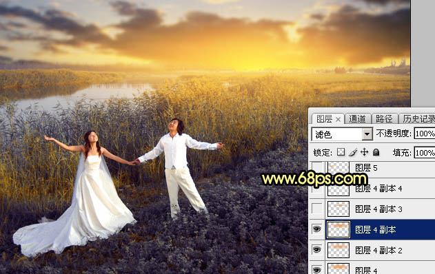 Photoshop将芦苇边的情侣加上唯美的晨曦