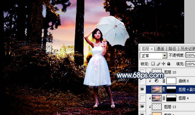 Photoshop调制出唯美的暗调霞光树林人物