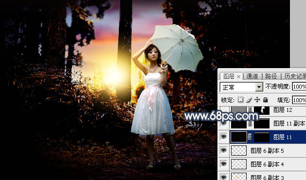 Photoshop调制出唯美的暗调霞光树林人物