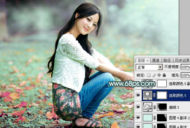 Photoshop将草地人物图片调制出小清新的淡调青黄色效果