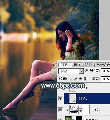 Photoshop将水景人物图片打造高对比的暗调黄褐色效果