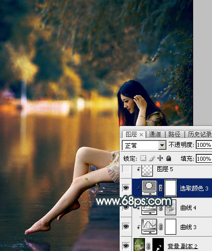 Photoshop将水景人物图片打造高对比的暗调黄褐色效果