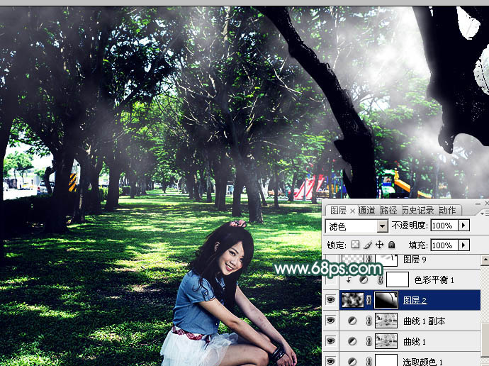 Photoshop调制出梦幻透射光束树林人物图片
