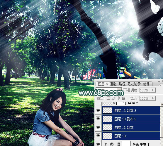 Photoshop调制出梦幻透射光束树林人物图片