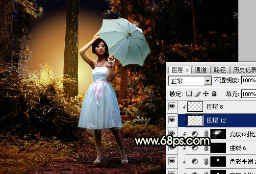 Photoshop调制出较暗的晨曦阳光色树林人物图片
