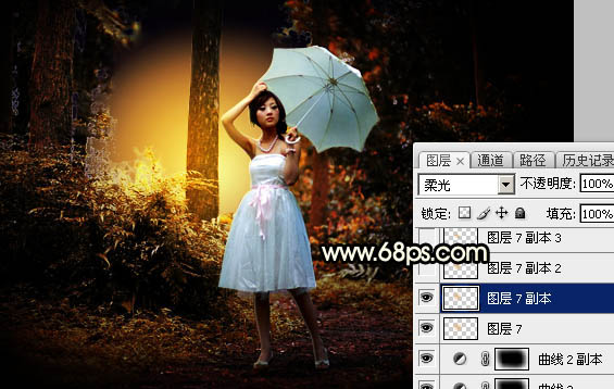 Photoshop调制出较暗的晨曦阳光色树林人物图片