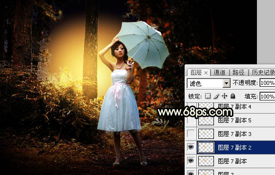 Photoshop调制出较暗的晨曦阳光色树林人物图片