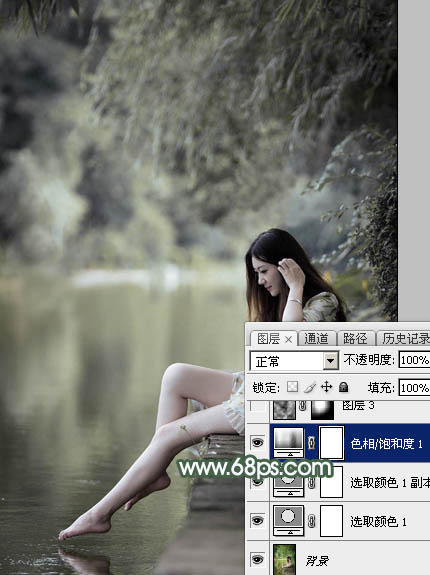 Photoshop为水景人物图片打造出古典中性暗绿色效果