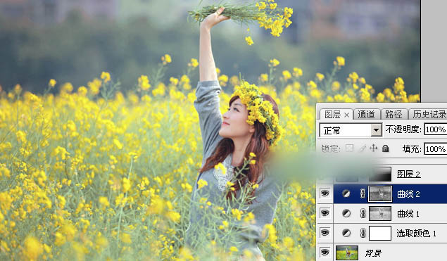 Photoshop调出甜美的淡绿色油菜花人物图片教程
