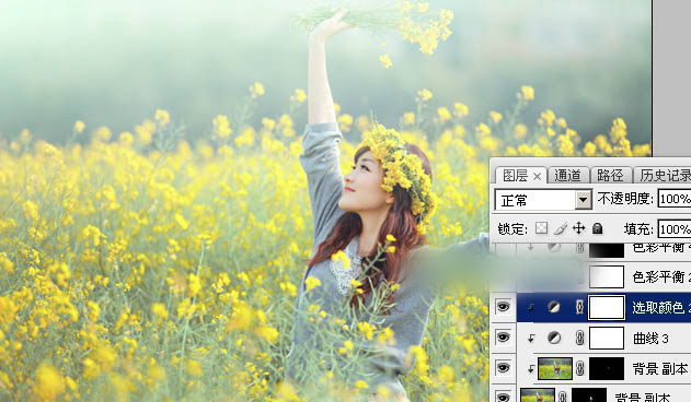 Photoshop调出甜美的淡绿色油菜花人物图片教程
