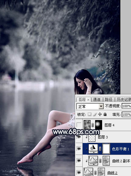 Photoshop为水景人物图片调制出梦幻的暗蓝色色调