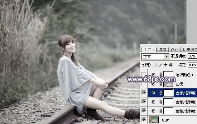 Photoshop为铁轨人物图片打造唯美的中性淡冷色效果教程