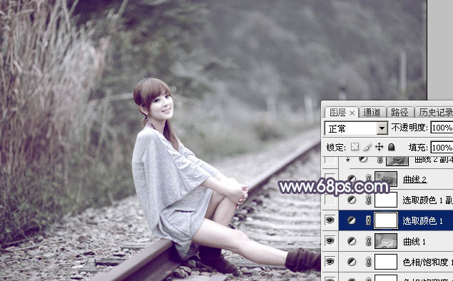 Photoshop为铁轨人物图片打造唯美的中性淡冷色效果教程