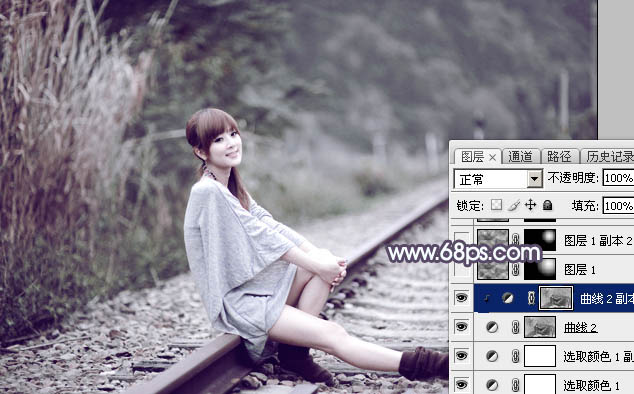 Photoshop为铁轨人物图片打造唯美的中性淡冷色效果教程