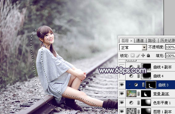 Photoshop为铁轨人物图片打造唯美的中性淡冷色效果教程