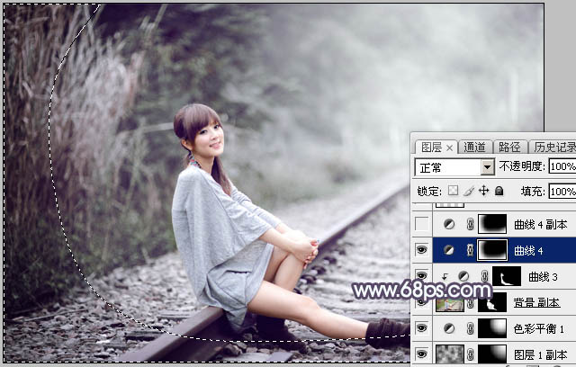 Photoshop为铁轨人物图片打造唯美的中性淡冷色效果教程