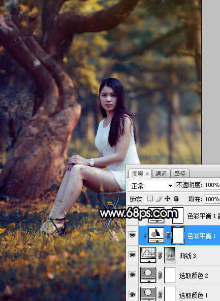 Photoshop调制出唯美的深秋暗黄色树林人物图片