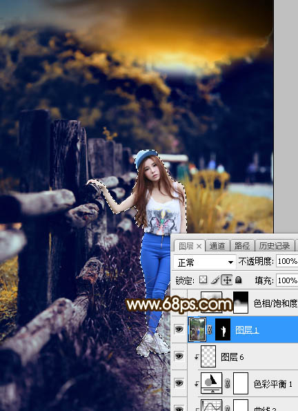 Photoshop调制出高对比暗调霞光木篱边的人物图片