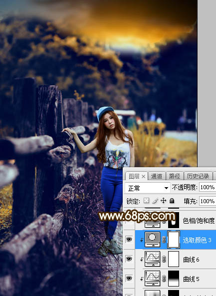 Photoshop调制出高对比暗调霞光木篱边的人物图片