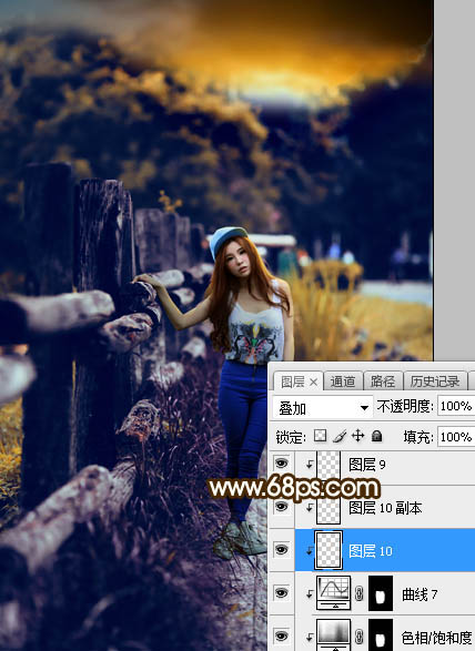 Photoshop调制出高对比暗调霞光木篱边的人物图片