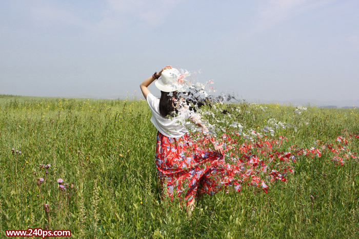 Photoshop利用仿制图章工具与喷溅笔刷快速给外景人物加上打散碎片”