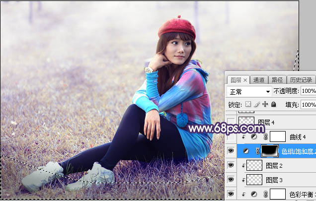 Photoshop打造出梦幻的秋季蓝黄色草地上人物图片